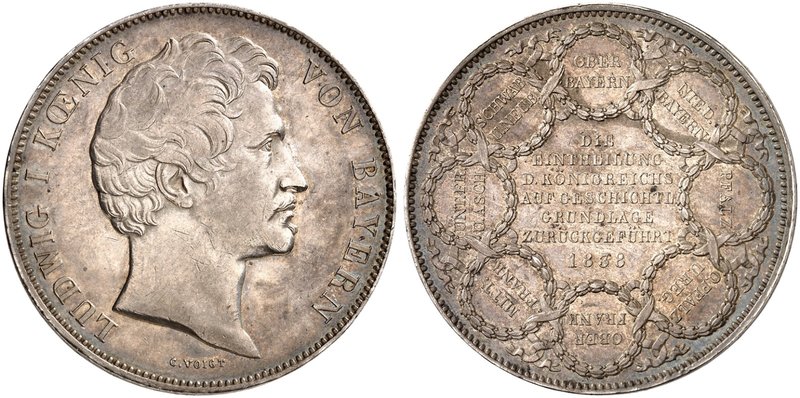BAYERN. Ludwig I., 1825-1848. Geschichtsdoppeltaler 1838, "EINTHEILUNG DES KÖNIG...