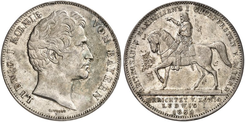 BAYERN. Ludwig I., 1825-1848. Geschichtsdoppeltaler 1839, "REITERSÄULE MAXIMILIA...