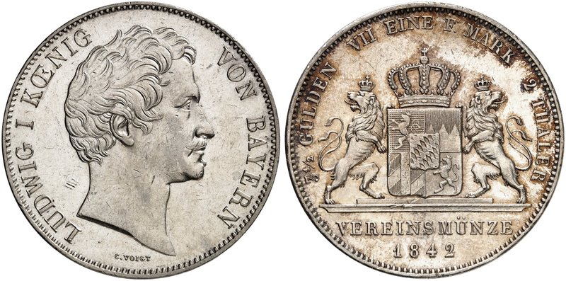 BAYERN. Ludwig I., 1825-1848. Doppeltaler 1842.
Thun 74, AKS 74, J. 65 seltener...