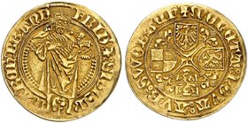 BRANDENBURG - FRANKEN. Friedrich I. von Ansbach und Sigismund von Kulmbach, 1486-1495. Goldgulden o. J., Schwabach.
Friedb. 305, v. Schr. 360 ff., Sl...