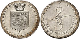 BRAUNSCHWEIG - CALENBERG - HANNOVER. Georg III., 1760-1820. 2/3 Taler 1802, Clausthal, Feinsilber.
Welter 2814 ss - vz