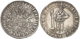 BRAUNSCHWEIG - WOLFENBÜTTEL. Friedrich Ulrich, 1613-1634. Taler 1616, Goslar oder Zellerfeld.
Dav. 6303, Welter 1057 A Rand Kr., min. Hksp., ss