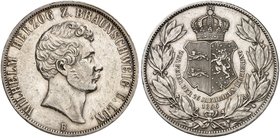 BRAUNSCHWEIG - WOLFENBÜTTEL. Wilhelm, 1831-1884. Doppeltaler 1856, zum 25-jährigen Regierungsjubiläum.
Thun 122, AKS 97, J. 252 kl. Rdf., ss - vz