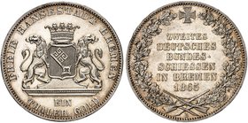 BREMEN. - Stadt. Taler 1865, "ZWEITES DEUTSCHES BUNDESSCHIESSEN".
Thun 126, AKS 16, J. 27 min. Rdf., vz - St