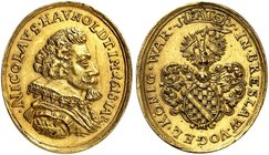 BRESLAU. - Stadt. Ovale Goldmedaille 1618 (unsigniert, 25,3 x 29,5 mm, 13,4 g), auf den Ratsherrn Nicolaus Haunoldt, als Schützenkönig beim Vogelschie...
