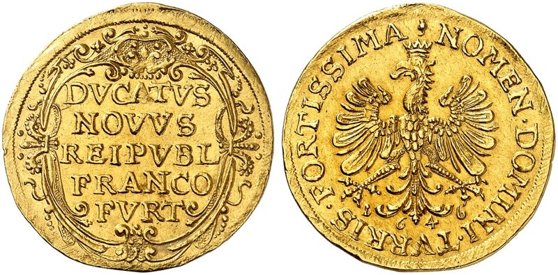 FRANKFURT. - Stadt. Dukat 1646.
Friedb. 976, J. u. F. 446d Gold l. Randverprägu...