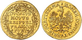 FRANKFURT. - Stadt. Dukat 1646.
Friedb. 976, J. u. F. 446d Gold l. Randverprägung, f. vz