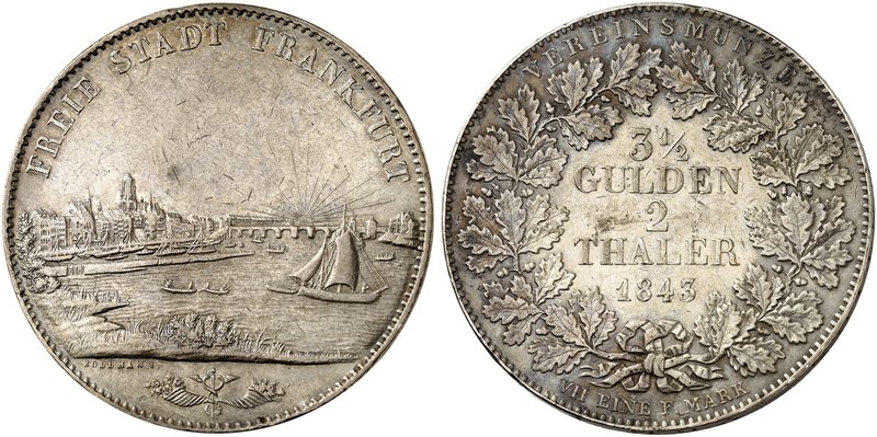FRANKFURT. - Stadt. Doppeltaler 1843, Stadtansicht.
Thun 130, AKS 3, J. 15 ss+