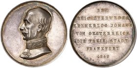 FRANKFURT. - Stadt. Silbermedaille 1849 (von C. Zollmann, 39,7 mm), auf die Abreise von Erzherzog Johann von Österreich. Brustbild n. links / Schrift....