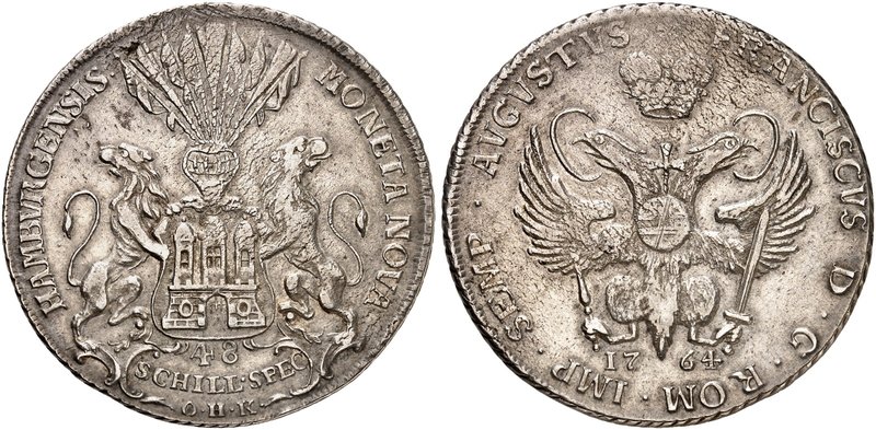 HAMBURG. - Stadt. Taler zu 48 Schilling 1764, mit Titel Franz I.
Dav. 2285, Gae...