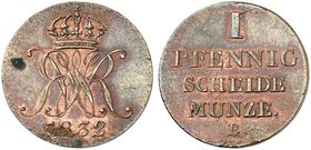 HANNOVER. Wilhelm IV., 1830-1837. 1 Pfennig 1832 B.
AKS 81, J. 30b min. Sfr., vz+