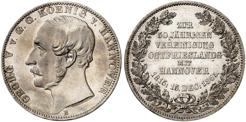 HANNOVER. Georg V., 1851-1866. Vereinstaler 1865 B, "50 JAHRE VEREINIGUNG MIT OS...