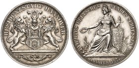 HANNOVER. - Stadt. Georg V., 1851-1866. Feinsilbermedaille 1872, "VIERTES DEUTSCHES BUNDESSCHIESSEN HANNOVER 1872".
Thun 179, J. 100 IV kl. Kr., vz