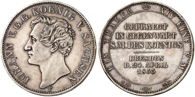 - ALBERTINISCHE LINIE. Johann, 1854-1873. Taler 1855 F, auf den Münzbesuch.
Thu...