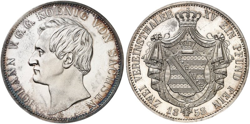 - ALBERTINISCHE LINIE. Johann, 1854-1873. Vereinsdoppeltaler 1858 F.
Thun 338, ...