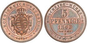 - ALBERTINISCHE LINIE. Johann, 1854-1873. 5 Pfennige 1863 B.
AKS 151, J. 123 EA / f. St