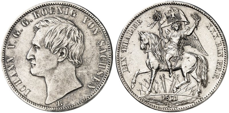 - ALBERTINISCHE LINIE. Johann, 1854-1873. Siegestaler 1871 B.
Thun 351, AKS 159...