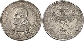 - ERNESTINISCHE LINIE. Johann Friedrich, der "Großmütige", nach seiner Gefangenschaft, 1552-1554. Taler 1552, Saalfeld, mit Titel Karl V.
Dav. 9748, ...