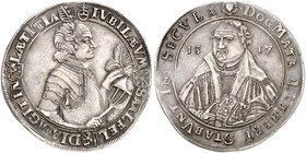 SACHSEN - COBURG - SAALFELD. Johann Ernst VIII., 1680-1729. Taler 1717 (Chronogramm), Saalfeld, auf die 200-Jahrfeier der Reformation.
Dav. 2739 A, S...