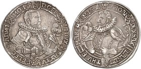 SACHSEN - WEIMAR. Friedrich Wilhelm I. und Johann III., 1573-1603. Taler 1597, Saalfeld, Var. mit "liegender 7".
Dav. 9777, Schnee 250, Koppe 95a, Sl...