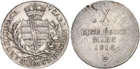 SACHSEN - WEIMAR - EISENACH. Carl August, 1775-1828. Konventionstaler 1813, Eisenach.
Thun 381, AKS 1, J. 515a Sfr. am Rand, vz