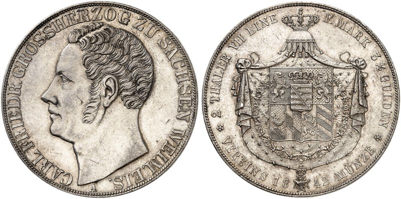 SACHSEN - WEIMAR - EISENACH. Carl Friedrich, 1828-1853. Doppeltaler 1842 A.
Thu...