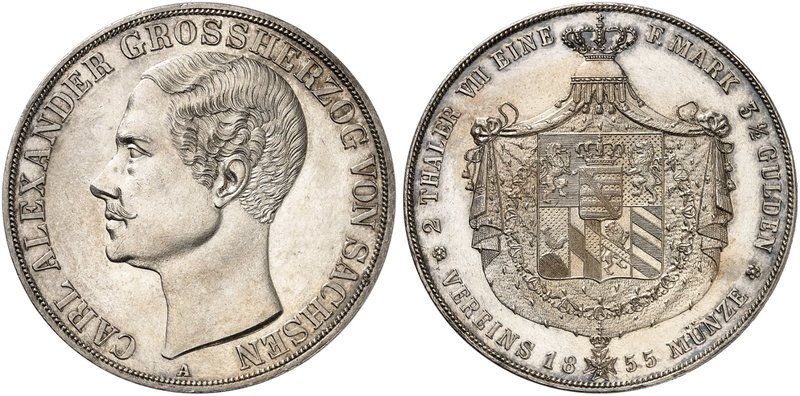SACHSEN - WEIMAR - EISENACH. Carl Alexander, 1853-1901. Doppeltaler 1855 A.
Thu...