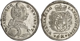 WÜRTTEMBERG. Karl Eugen, 1744-1793. 6 Kreuzer 1749.
Kl.-R. 302 Var., Slg. Schloßberger 2245 (dieses Expl.) Prachtexemplar ! St