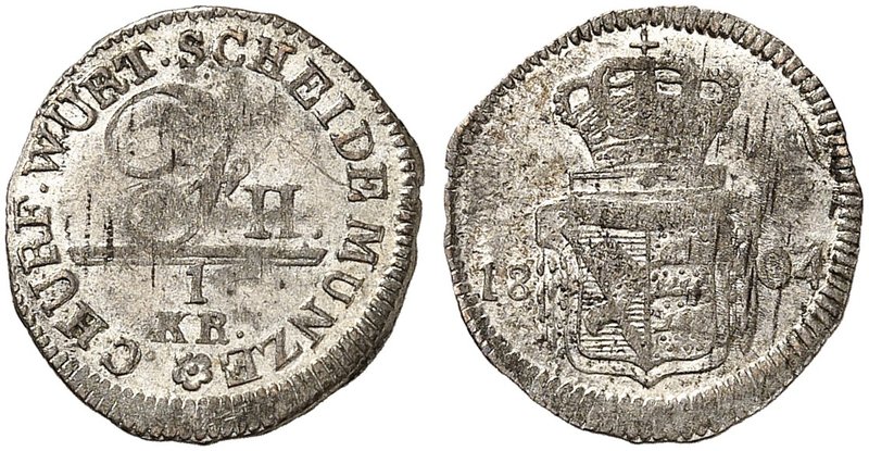 WÜRTTEMBERG. Friedrich II. (I.), 1797-1816. 1 Kreuzer 1804.
AKS 26, Kl.-R. 22.1...
