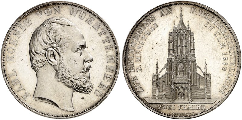 WÜRTTEMBERG. Karl, 1864-1891. Vereinsdoppeltaler 1869, "ULMER MÜNSTER".
Thun 44...