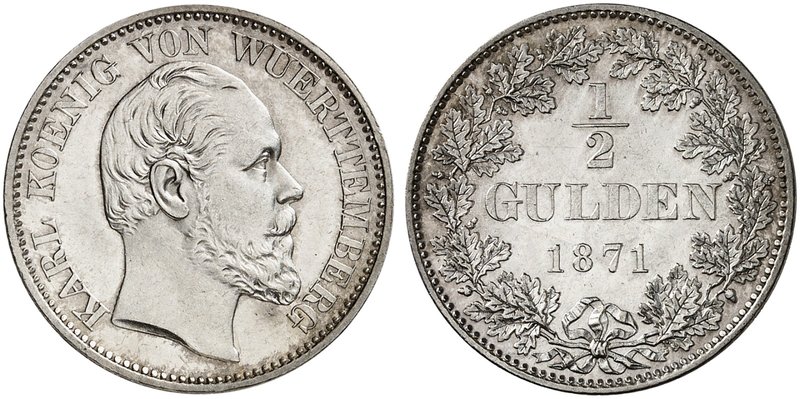 WÜRTTEMBERG. Karl, 1864-1891. 1/2 Gulden 1871.
AKS 127, J. 84, Kl.-R. 115.5 vz ...