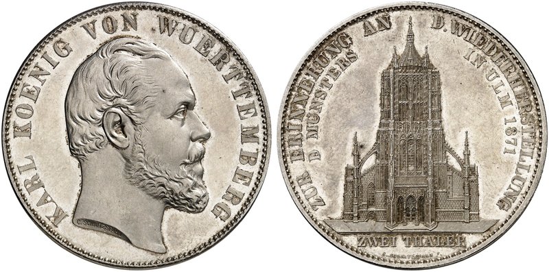 WÜRTTEMBERG. Karl, 1864-1891. Vereinsdoppeltaler 1871, "ULMER MÜNSTER".
Thun 44...