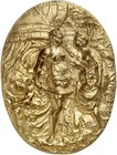 MISCELLANEA. Einseitige, ovale vergoldete Bronzegußplakette o. J. (unsigniert, 64,3 x 84,6 mm), auf die Enthauptung Johannes des Täufers. Salome mit a...