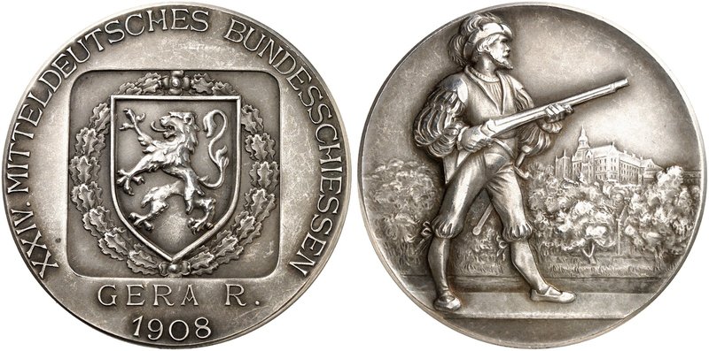 SCHÜTZENMEDAILLEN. Gera. Silbermedaille 1908 (unsigniert, 42,5 mm), auf das XXIV...