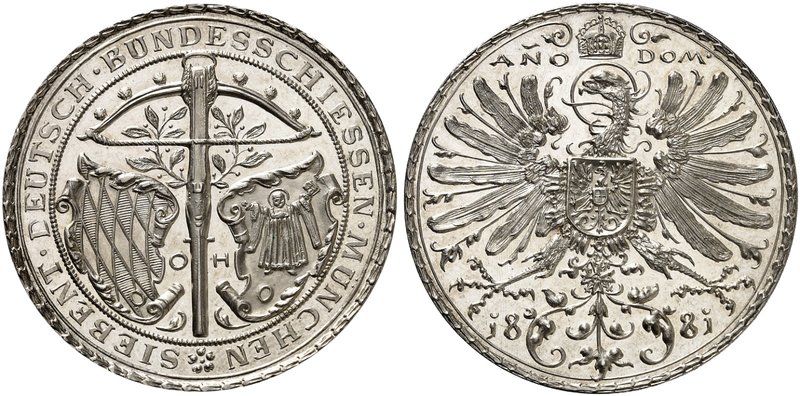 SCHÜTZENMEDAILLEN. München. Silbermedaille 1881 (von Hupp, 38,0 mm), auf das Sie...