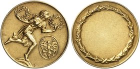 SPORT. Goldene Preismedaille o. J. (1908, von M. Dasio, 32,9 mm, 19,6 g 500 fein) des ADAC. Junge Frau mit zwei Kränzen neben Emblem / Leeres Gravurfe...
