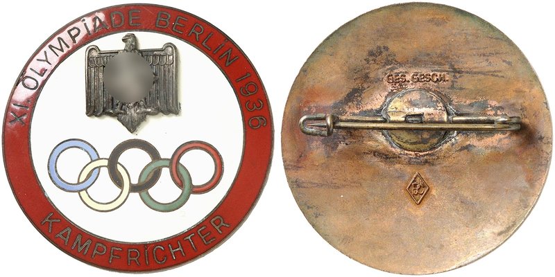 SPORT. Tragbare, teilemailierte Bronzebrosche 1936 (Firmensignatur, 47,9 mm), mi...