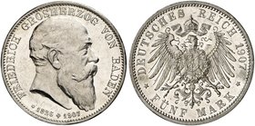 BADEN. Friedrich I., 1852-1907. J. 37, EPA 5/10. 5 Mark 1907, auf seinen Tod.
Rdf., vz