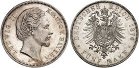 BAYERN. Ludwig II., 1864-1886. J. 42, EPA 5/12. 5 Mark 1874.
EA, kl. Kr., vz - St