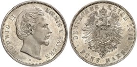 BAYERN. Ludwig II., 1864-1886. J. 42, EPA 5/12. 5 Mark 1875.
in dieser Erhaltung sehr selten !
f. St