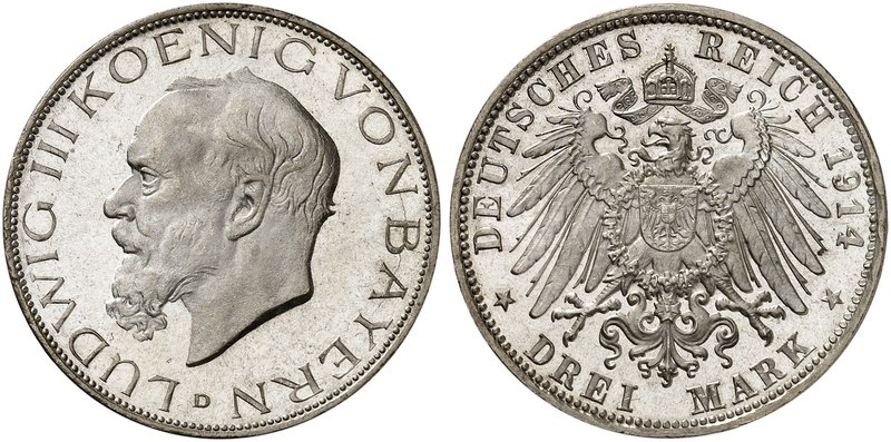 BAYERN. Ludwig III., 1913-1918. J. 52, EPA 3/6. 3 Mark 1914. Prachtexemplar !
E...