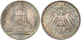 SACHSEN. Friedrich August III., 1904-1918. J. 140, EPA 3/27. 3 Mark 1913, Völkerschlachtdenkmal.
prachtvolle Patina, St