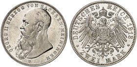 SACHSEN - MEININGEN. Georg II., 1866-1914. J. 151b, EPA 2/62. 2 Mark 1913, Kopf mit kurzem Bart. Prachtexemplar !
St