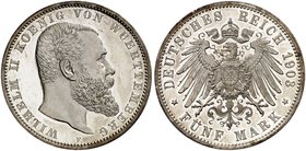WÜRTTEMBERG. Wilhelm II., 1891-1918. J. 176, EPA 5/60. 5 Mark 1903.
in dieser Erhaltung sehr selten !
winz. Kr., PP