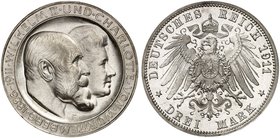 WÜRTTEMBERG. Wilhelm II., 1891-1918. J. 177a, EPA 3/36. 3 Mark 1911, zur Silberhochzeit mit Charlotte. Prachtexemplar !
St / PP