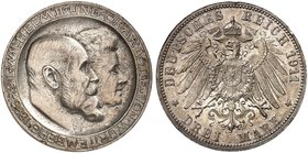 WÜRTTEMBERG. Wilhelm II., 1891-1918. J. 177b, EPA 3/37. 3 Mark 1911, zur Silberhochzeit mit Charlotte, mit hohem Querstrich im H.
vz