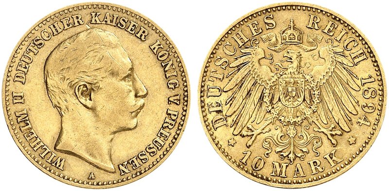PREUSSEN. Wilhelm II., 1888-1918. J. 251, EPA 10/41. 10 Mark 1894. seltener Jahr...
