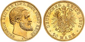 REUSS, jüngere Linie. Heinrich XXII., 1859-1902. J.254, EPA 20/38. 20 Mark 1875. Kabinettstück von
feinster Erhaltung und großer Seltenheit !
EA, St...