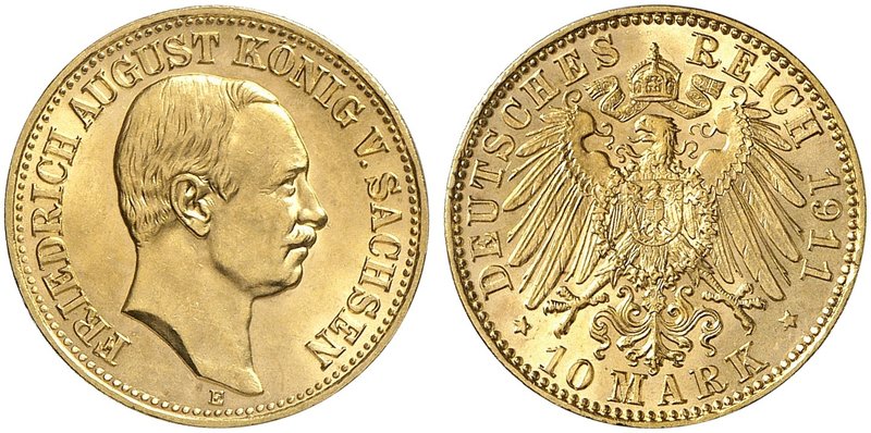 SACHSEN. Friedrich August III., 1904-1918. J. 267, EPA 10/47. 10 Mark 1911.
f. ...