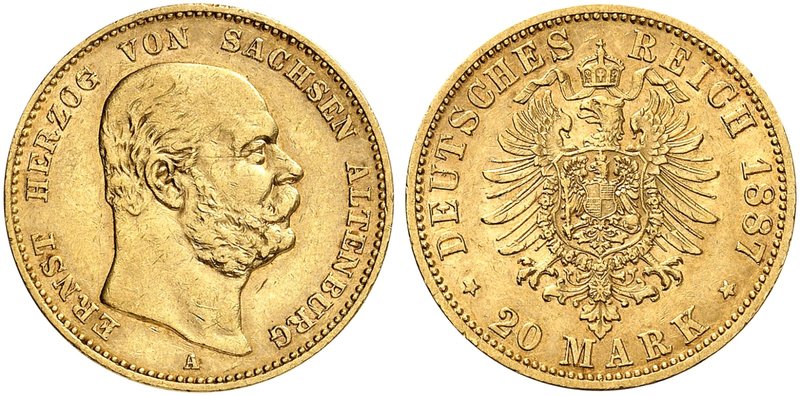SACHSEN - ALTENBURG. Ernst, 1853-1908. J. 269, EPA 20/46. 20 Mark 1887. R !
ss ...
